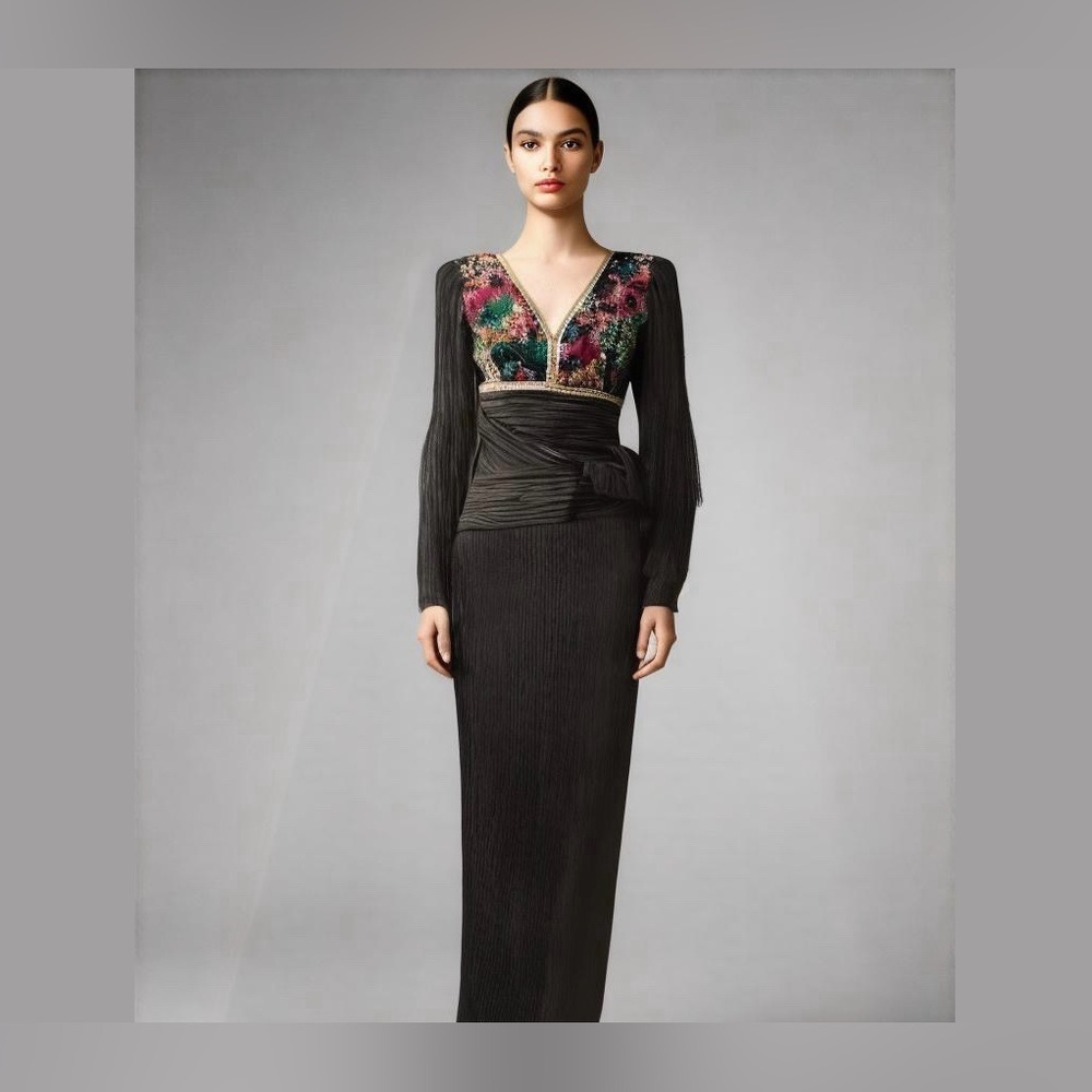 Mary McFadden Couture Pleated Evening Gown with Embellished Bejeweled Black Top